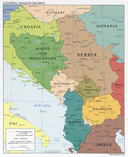 Большая подрорбная политическая карта Центрально-Балканского региона с крупными городами - 2008.