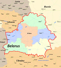 Административная карта Белоруссии с дорогами международного сообщения.
