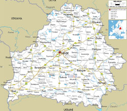 Детальная автодорожная карта Белоруссии с городами и аэропортами.