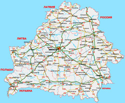 Большая детальная автодорожная карта Белоруссии со всеми городами и аэропортами на русском языке.