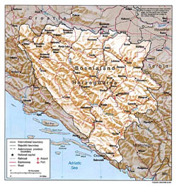 Политико-административная карта Боснии и Герцеговины с рельефом.