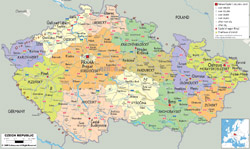 Детальная политико-административная карта Чехии с дорогами, городами и аэропортами.