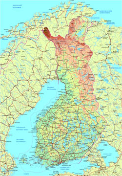 Подробная физическая и автодорожная карта Финляндии.