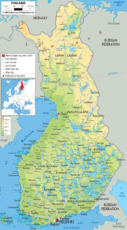 Подробная физическая карта Финляндии с городами, дорогами и аэропортами.