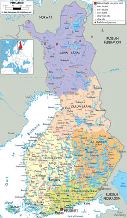 Подробная политико-административная карта Финляндии с городами, дорогами и аэропортами.