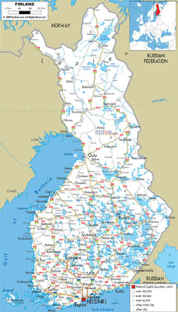 Подробная карта автомобильных дорог Финляндии с городами и аэропортами.