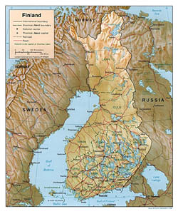 Политическая и административная карта Финляндии с рельефом.