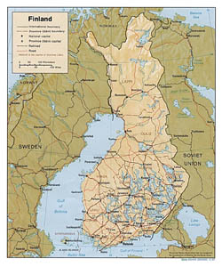 Политическая карта Финляндии с рельефом.