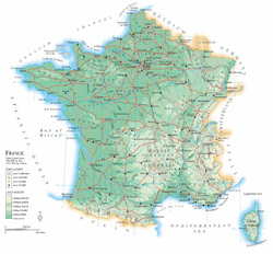 Подробная физическая карта Франции с дорогами и городами.