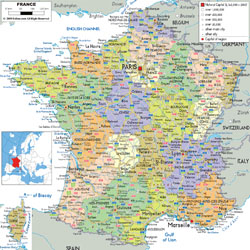 Подробная политическая и административная карта Франции с дорогами, городами и аэропортами.