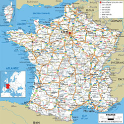 Подробная карта автомобильных дорог Франции с городами и аэропортами.