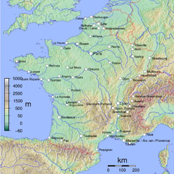 Физическая карта Франции.