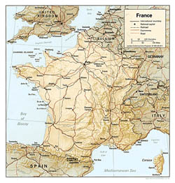 Политическая карта Франции с рельефом.