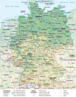 Детальная административная карта Германии с рельефом.