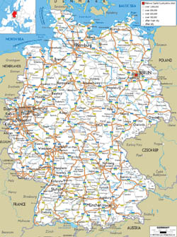 Детальная автодорожная карта Германии с городами и аэропортами.