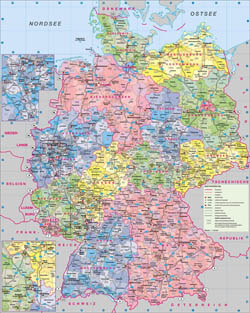 Большая административная карта Германии с дорогами и городами.