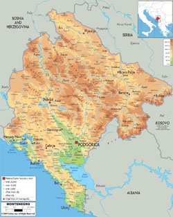 Подробная физическая карта Черногории с дорогами, городами и аэропортами.