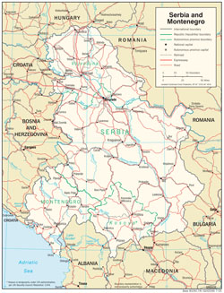 Подробная политико-административная карта Сербии и Черногории с дорогами и городами.