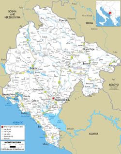 Подробная карта автомобильных дорог Черногории с городами и аэропортами.