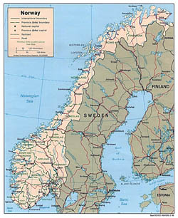 Политико-административная карта Норвегии с дорогами и городами.