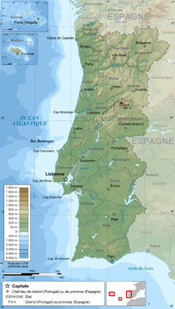 Подробная физическая карта Португалии.