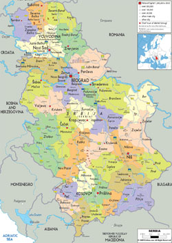 Детальная политико-административная карта Сербии со всеми дорогами, городами и аэропортами.