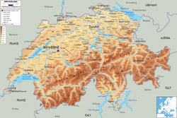 Подробная физическая карта Швейцарии со всеми дорогами, городами и аэропортами.