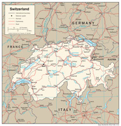 Подробная политическая карта Швейцарии с дорогами и городами.