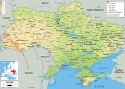 Подробная физическая карта Украины со всеми городами, дорогами и аэропортами.