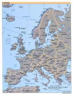 Политическая карта Европы с рельефом.